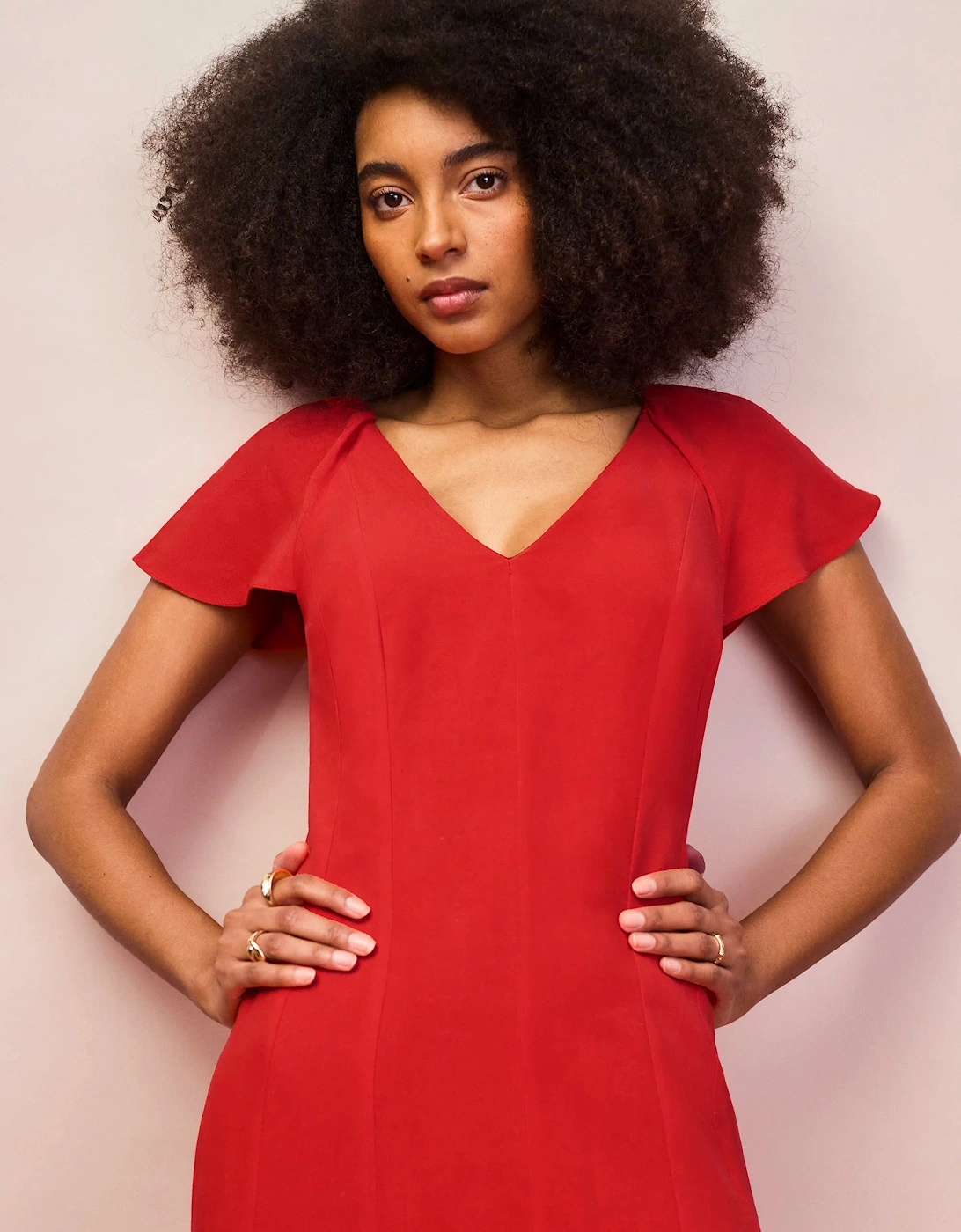 RO&ZO Women's Petite Red Flutter Sleeve Dress With Linen