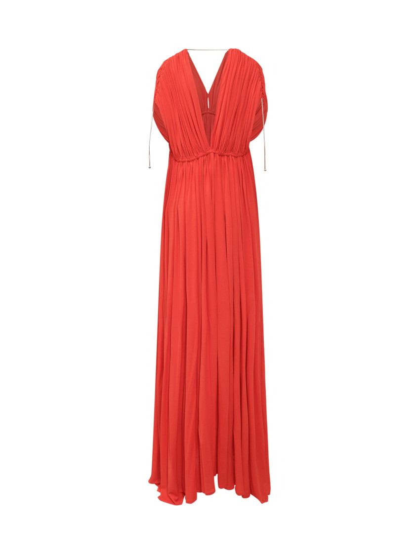 Red Pleated V Neck Maxi Dress