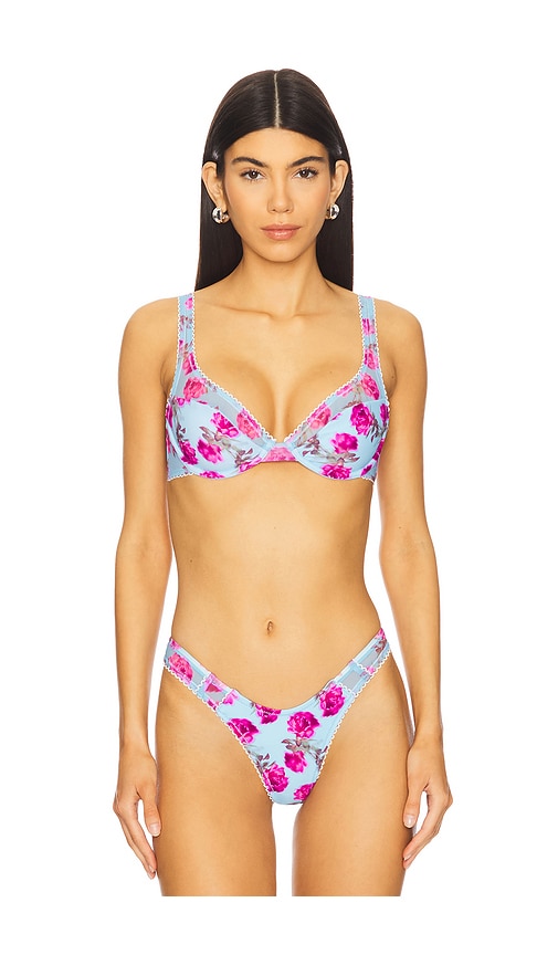 For Love & Lemons Floral Stems Ruffle Underwire Bikini Top in Blue,Purple. -  S also in L
