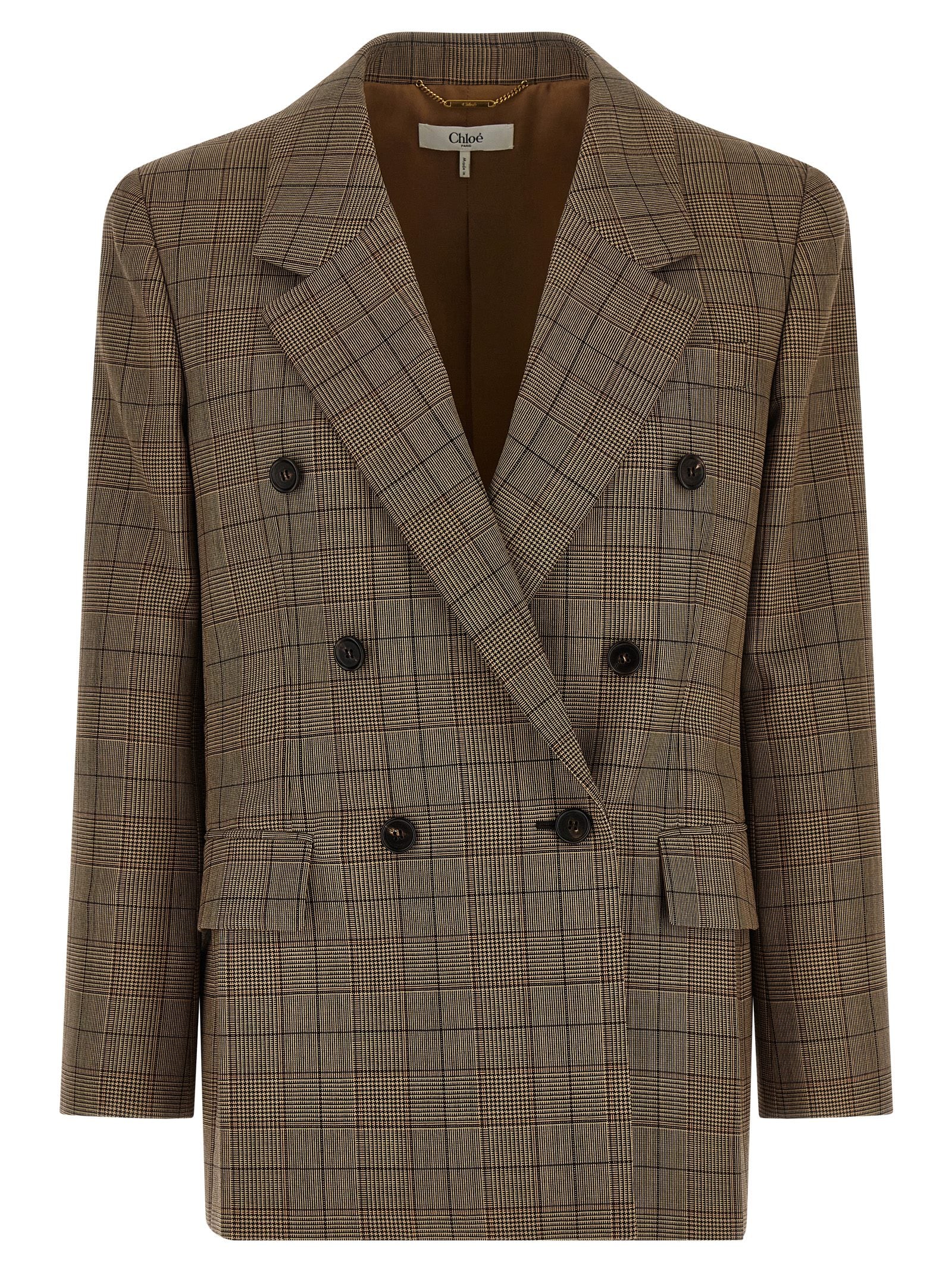 Check Wool Double-Breasted Blazer — Brown