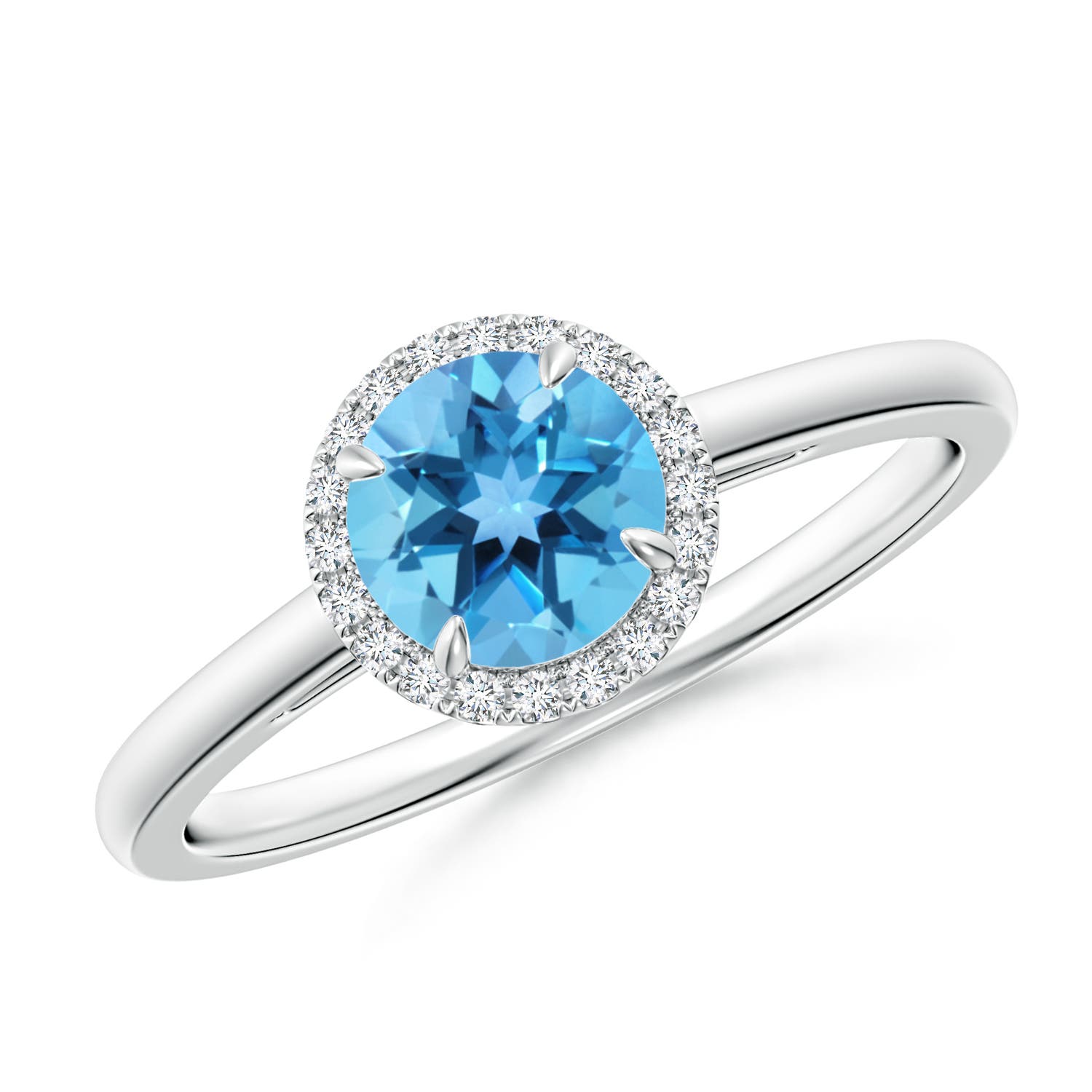 Angara 0.95 Carat Round Swiss Blue Topaz Cathedral Ring with Diamond Halo in Platinum
