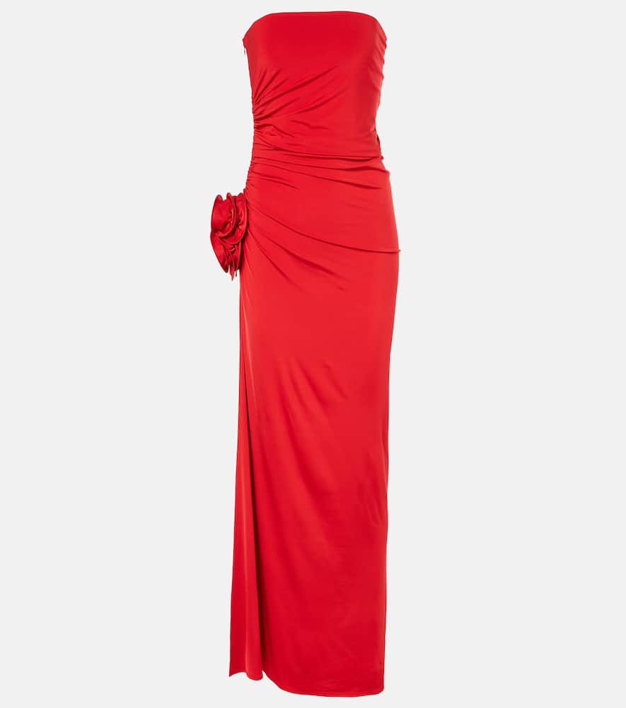 Floral-appliqué ruched jersey maxi dress
