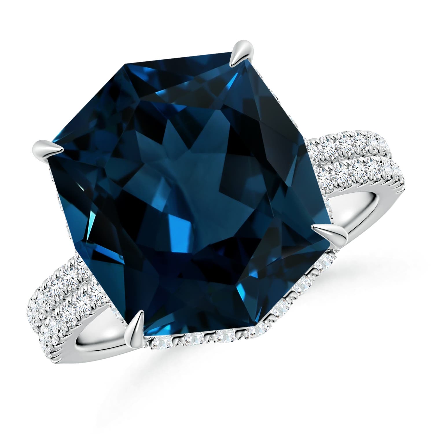 Angara 9.18 Carats GIA Certified Rectangular Cushion London Blue Topaz Hidden Halo Cocktail Ring in Platinum