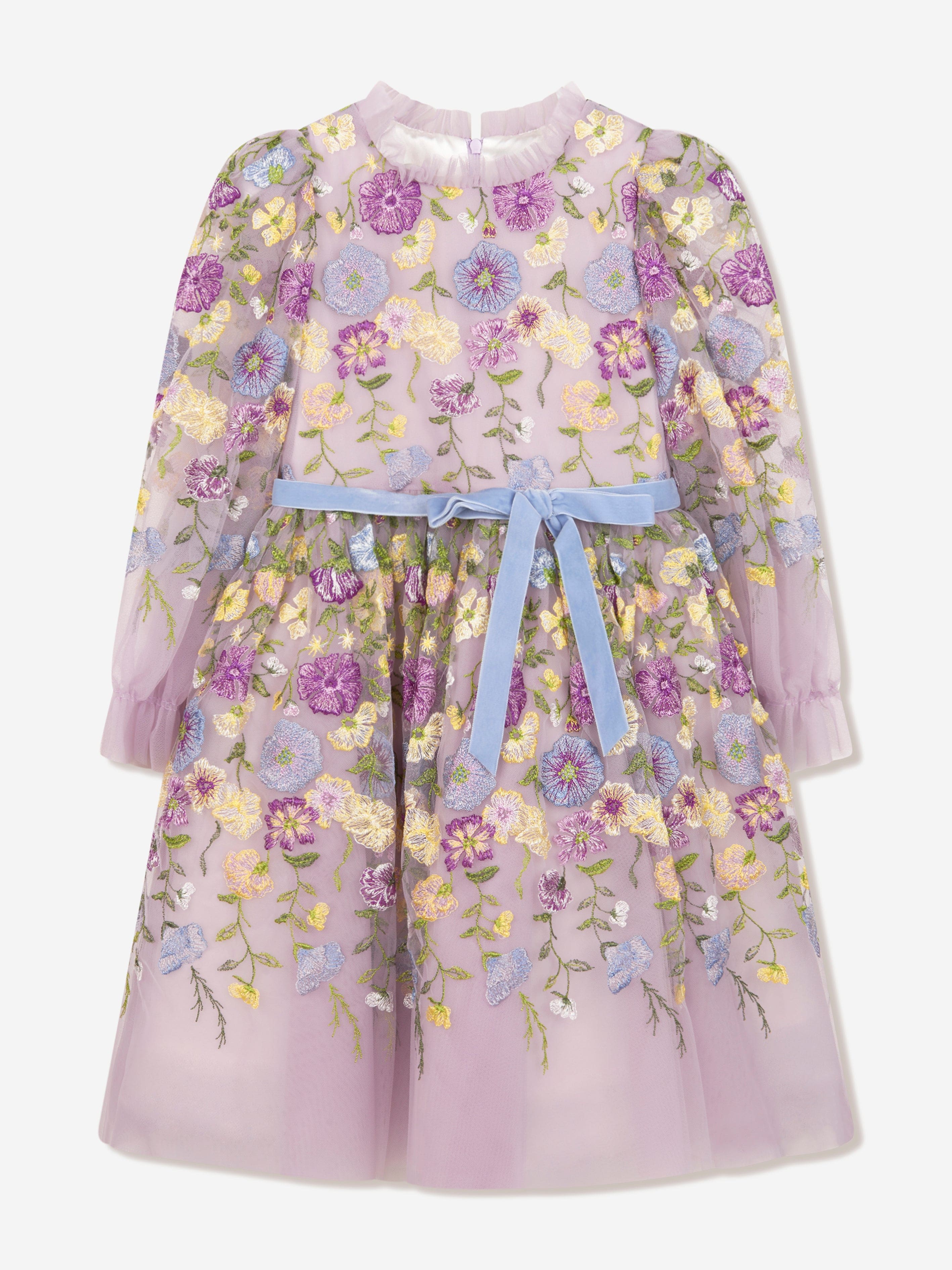 Girls Flower Embroidered Tulle Gown in Multicolour