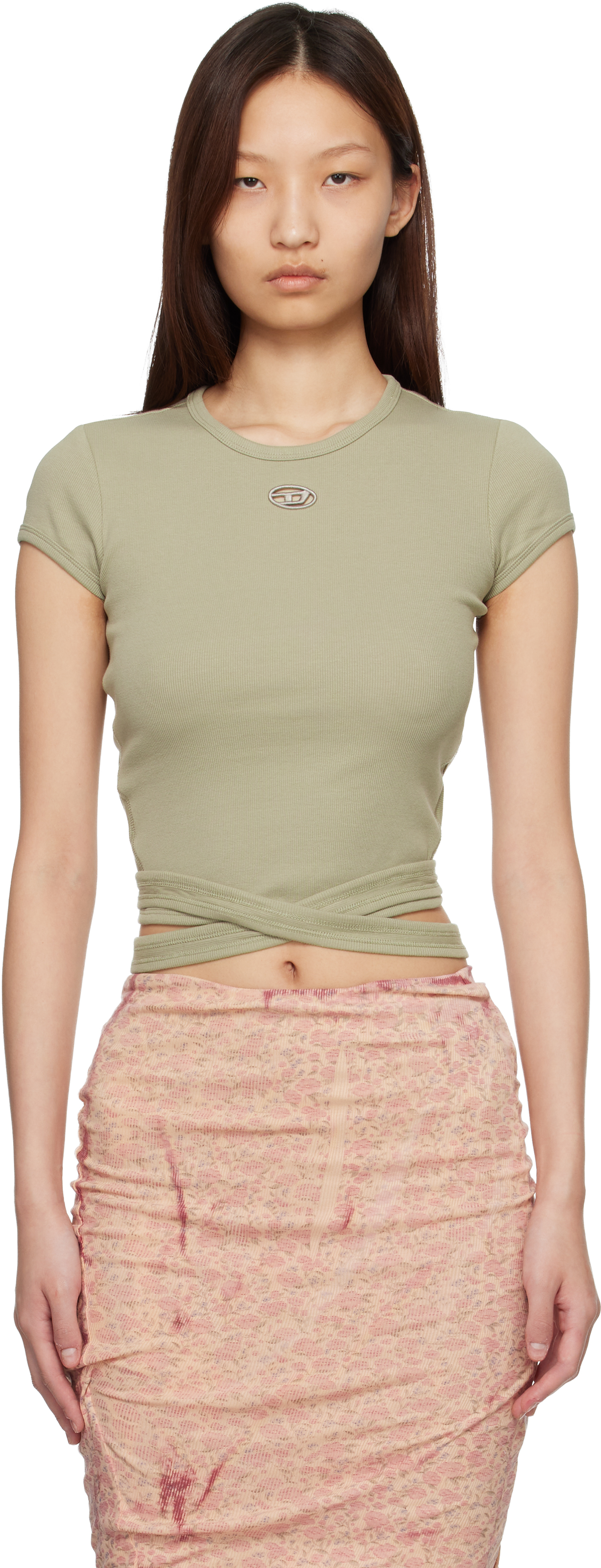 Beige Ribbed Wrap-Around Laces T-shirt