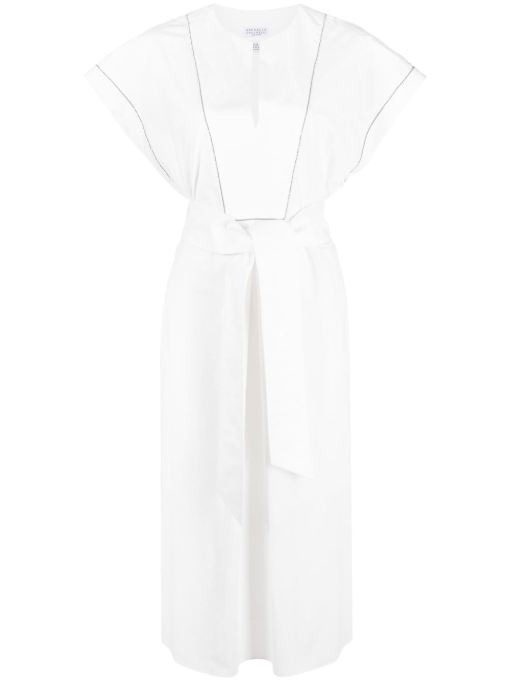 Cap-sleeve belted cotton dress - White
