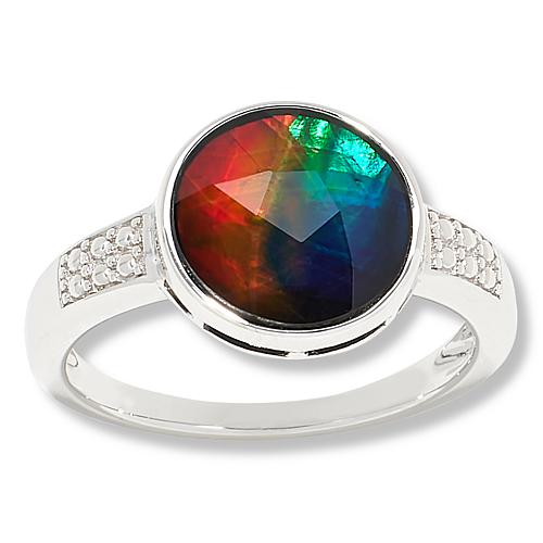 Sterling Silver Round Ammolite Ring - Silver