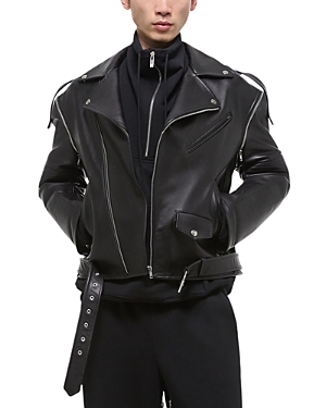 Belted leather biker jacket - Black
