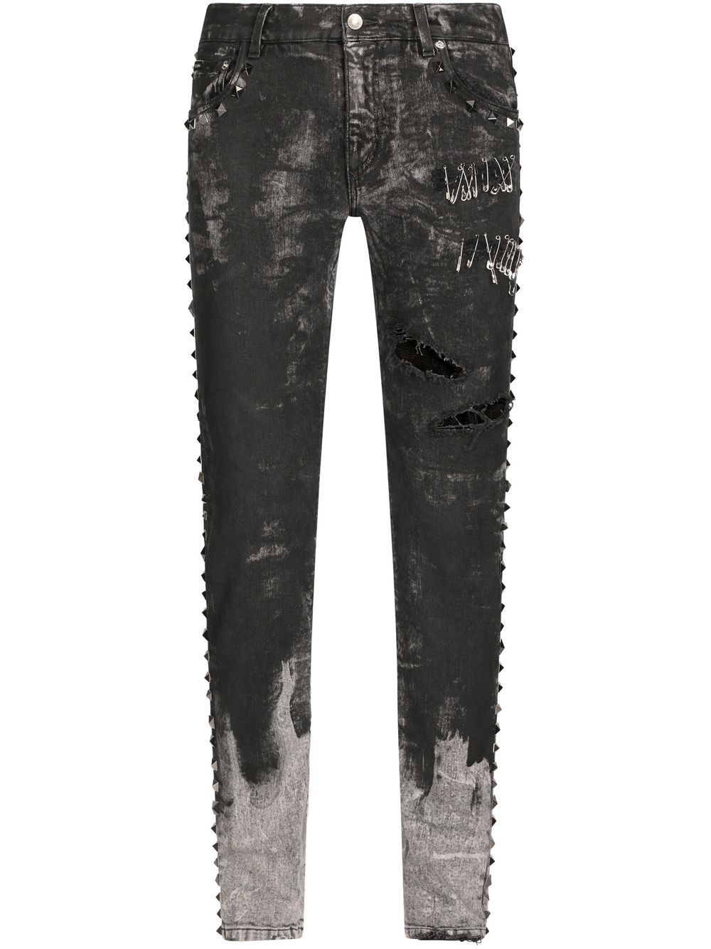 Distressed studded slim-fit jeans - Grey