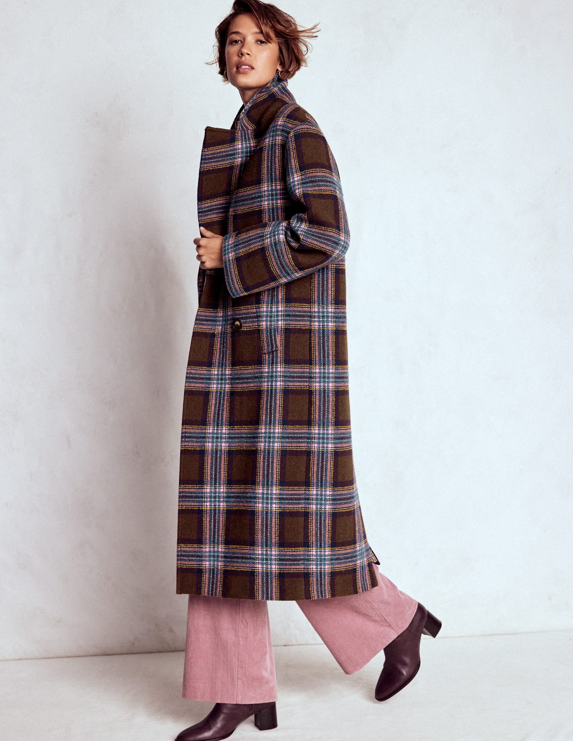 Cocoon Wool Coat Brown, Teal and Pink Check