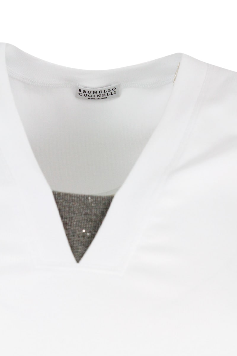 Tank Top T-shirt In Ribbed Stretch Cotton With V-neck And Monili