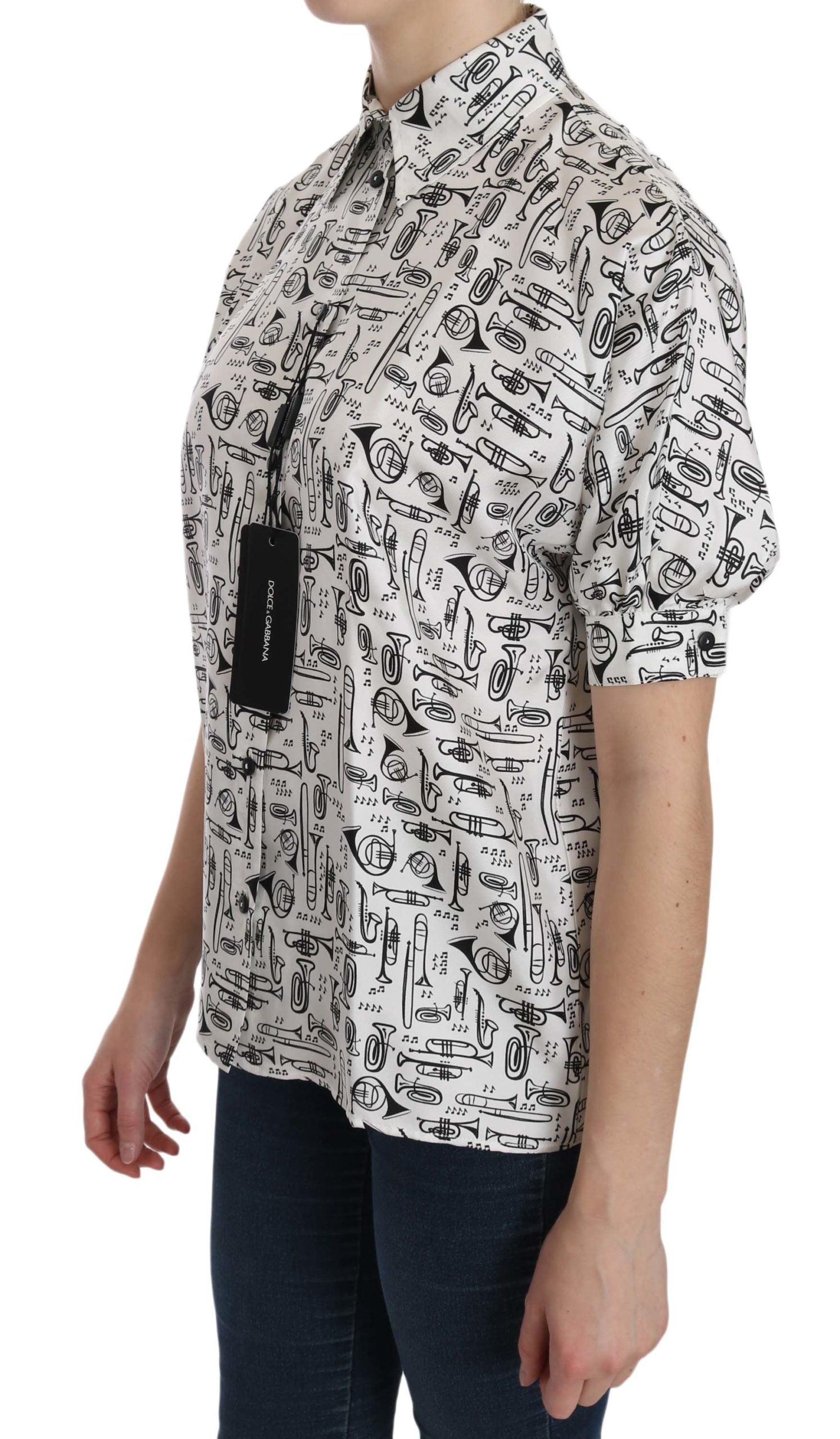 Musical Instrument Print Silk Blouse — White