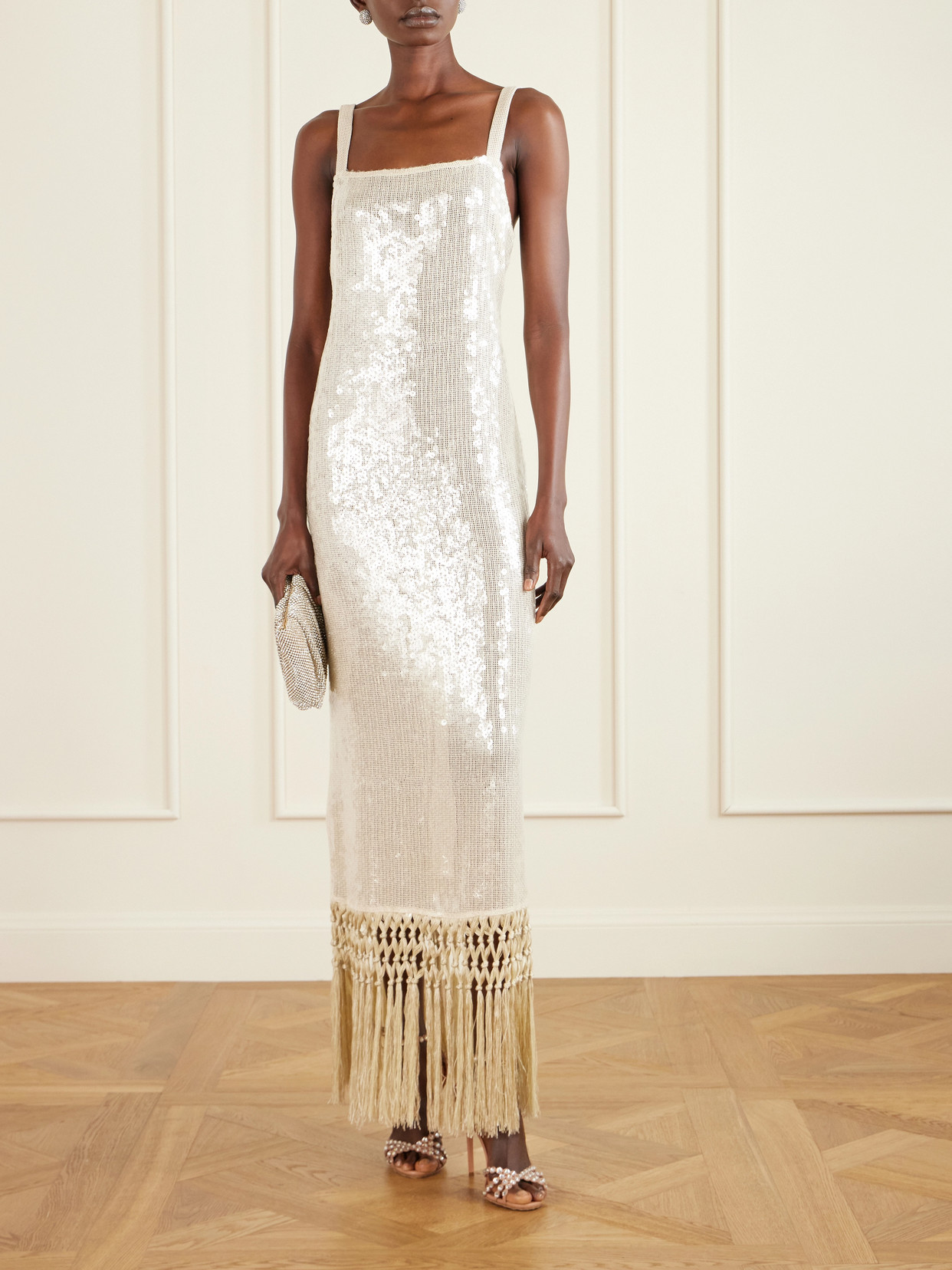 Agrigento Disco Fringed Sequined Cotton Gown - Off-white