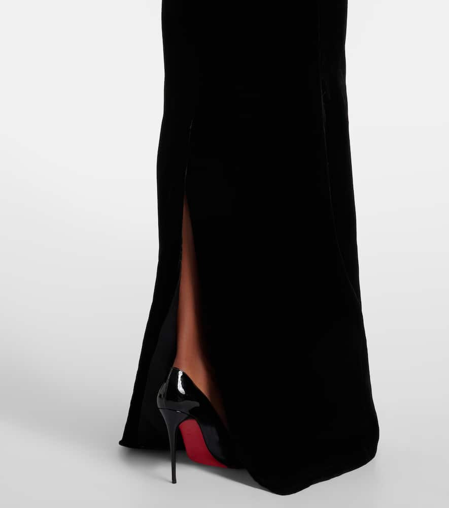 Feather-trimmed strapless velvet gown