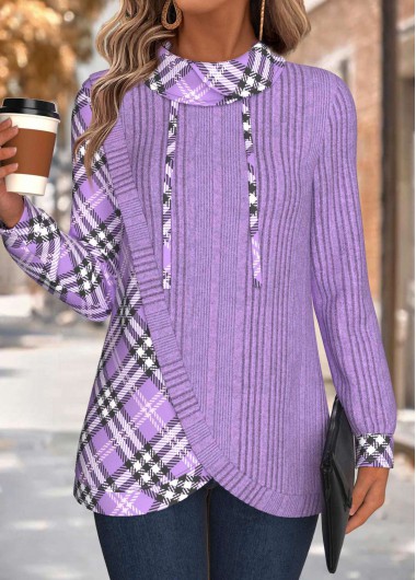 Modlily Light Purple Tummy Coverage Plaid Long Sleeve Sweatshirt