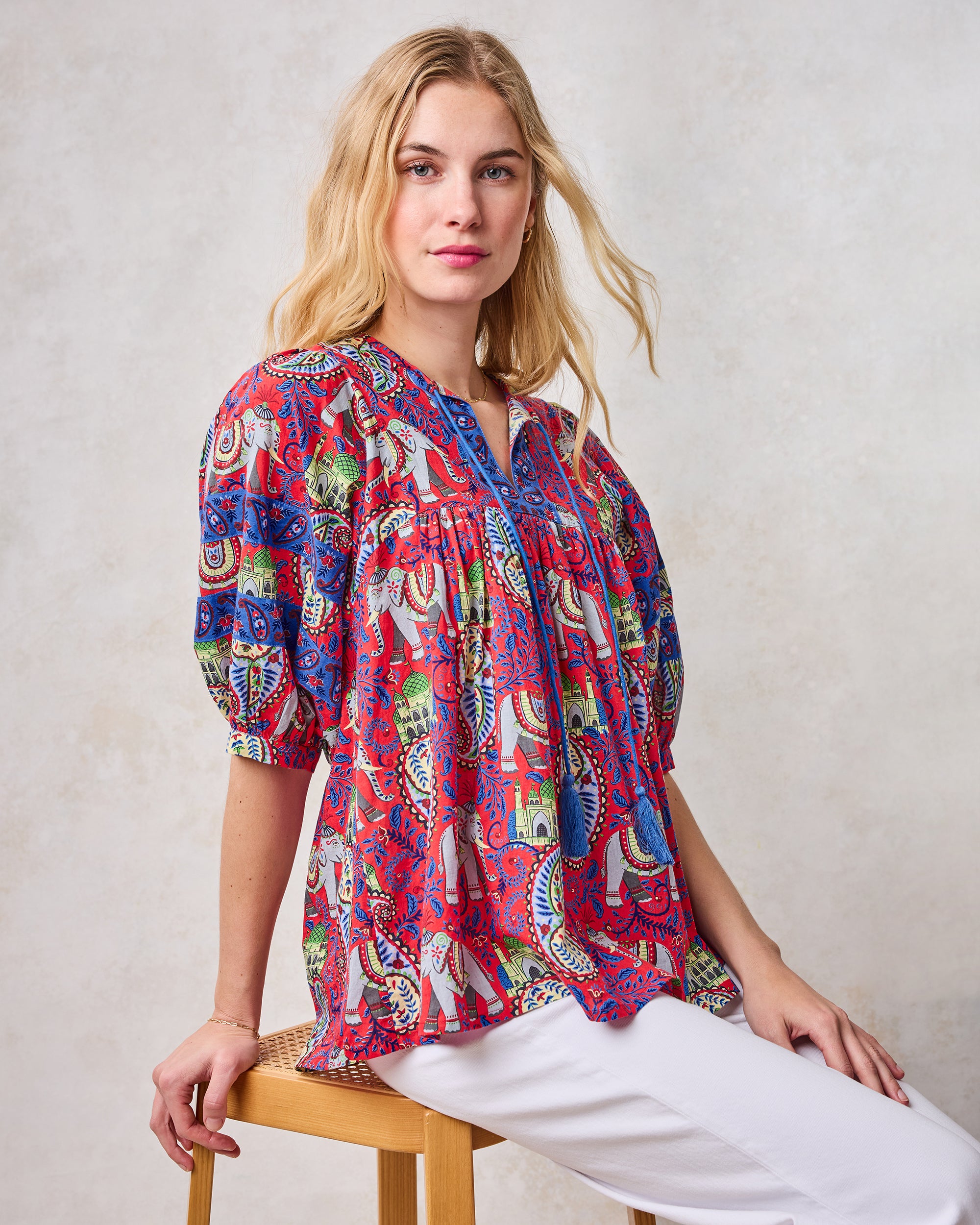 Organic Cotton Relaxed Block Print Top in Palace Paisley | Women's XXS | Red Spring
