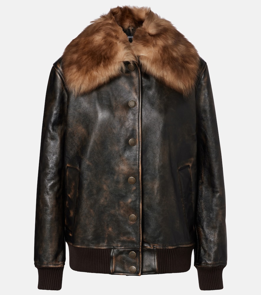 Shearling-trimmed leather bomber jacket