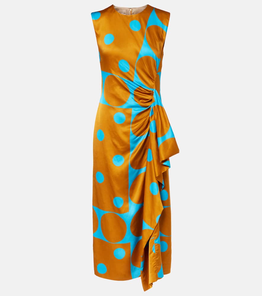 Draped printed satin midi dress