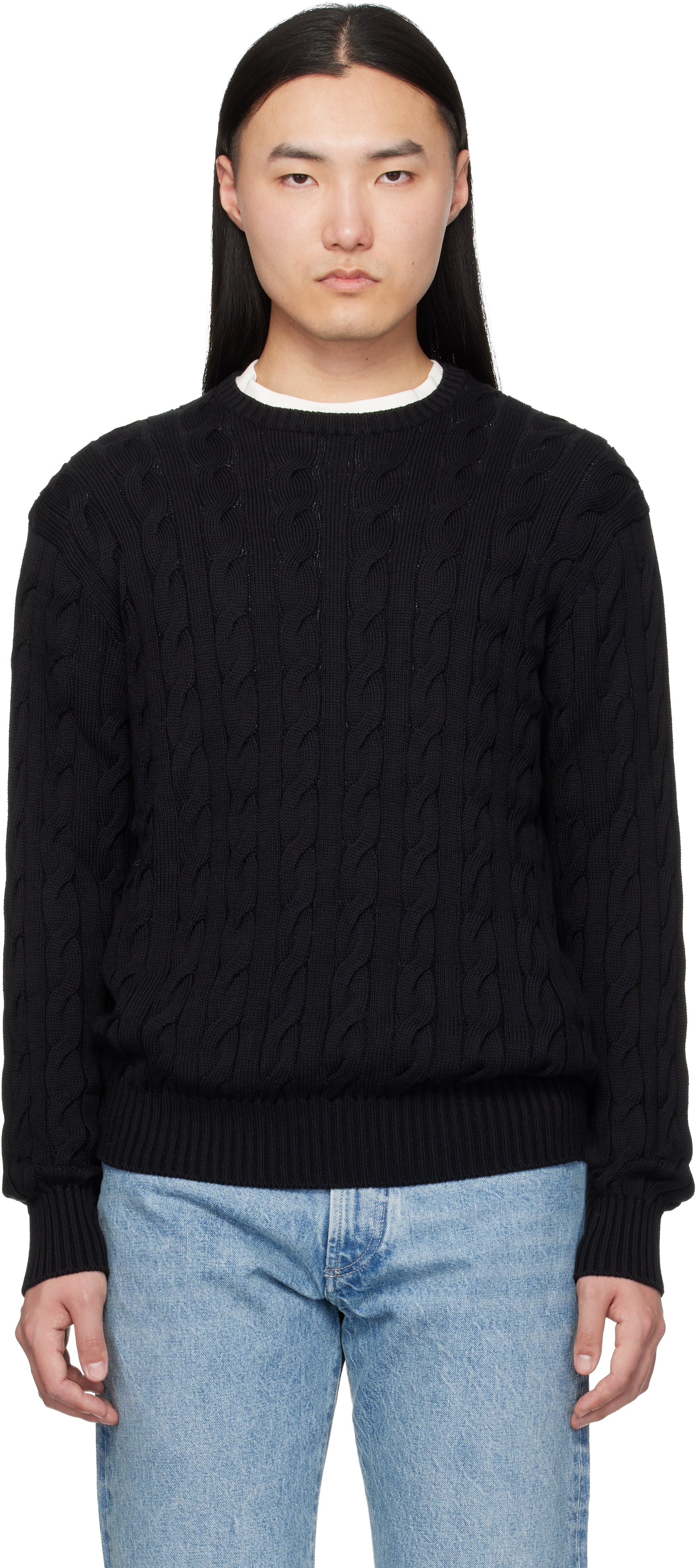 Black Cotton Silk Cable Crewneck Sweater