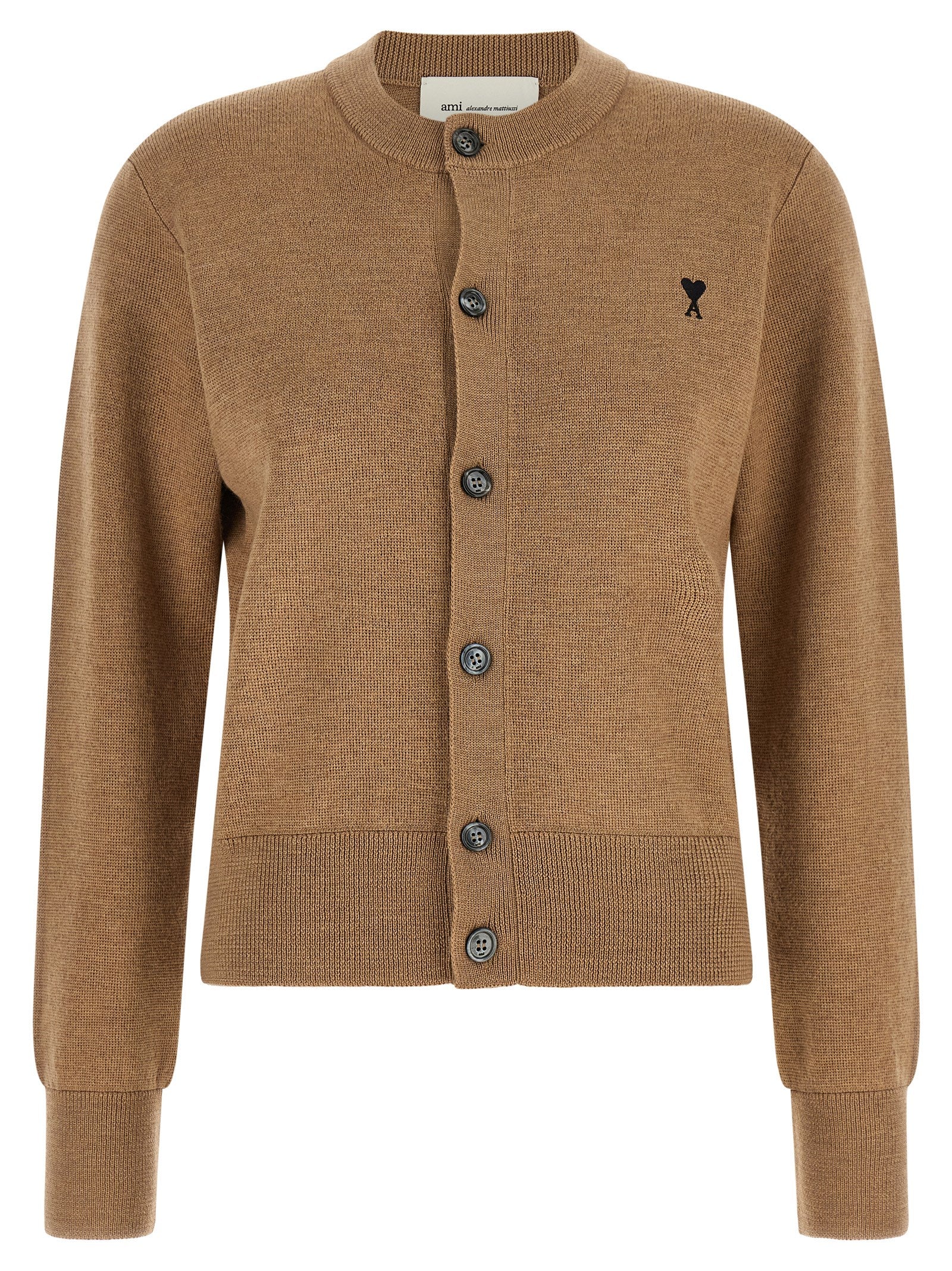 Wool Crew Neck Cardigan — Beige