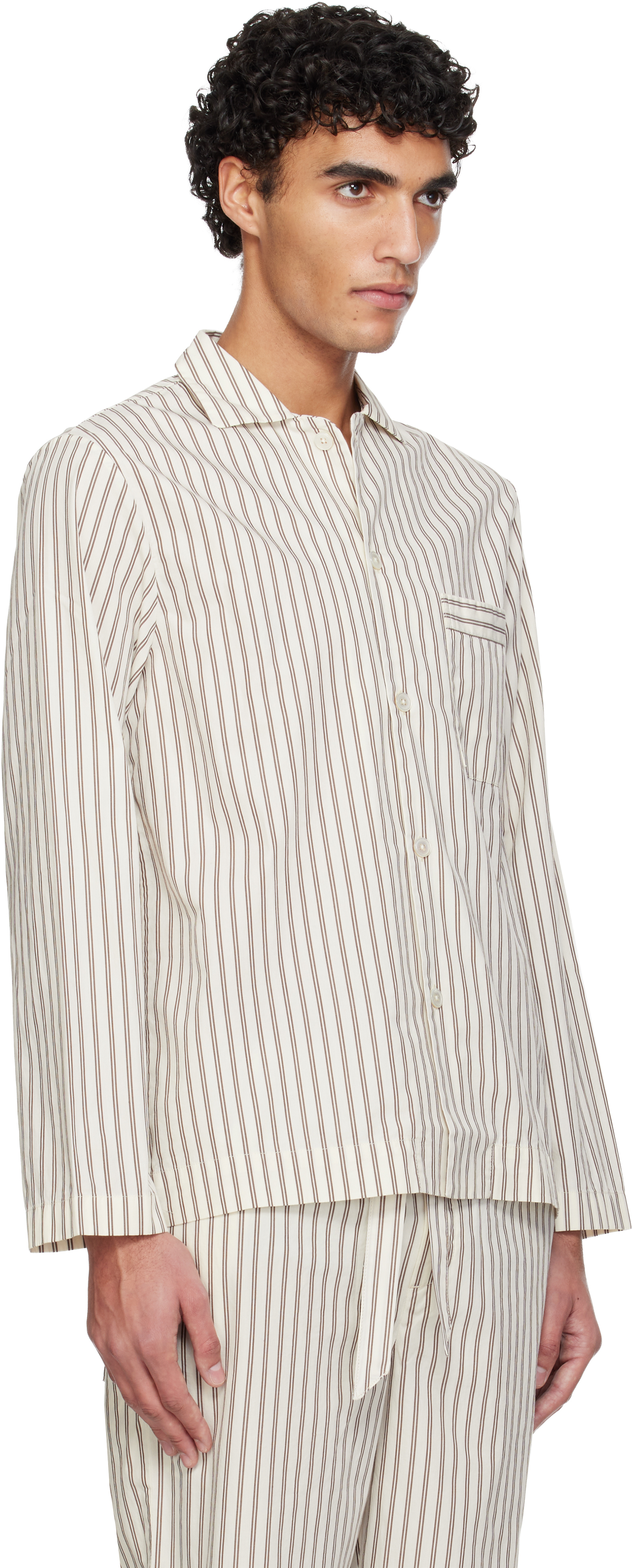 White & Brown Poplin Long-Sleeved Pyjama Shirt