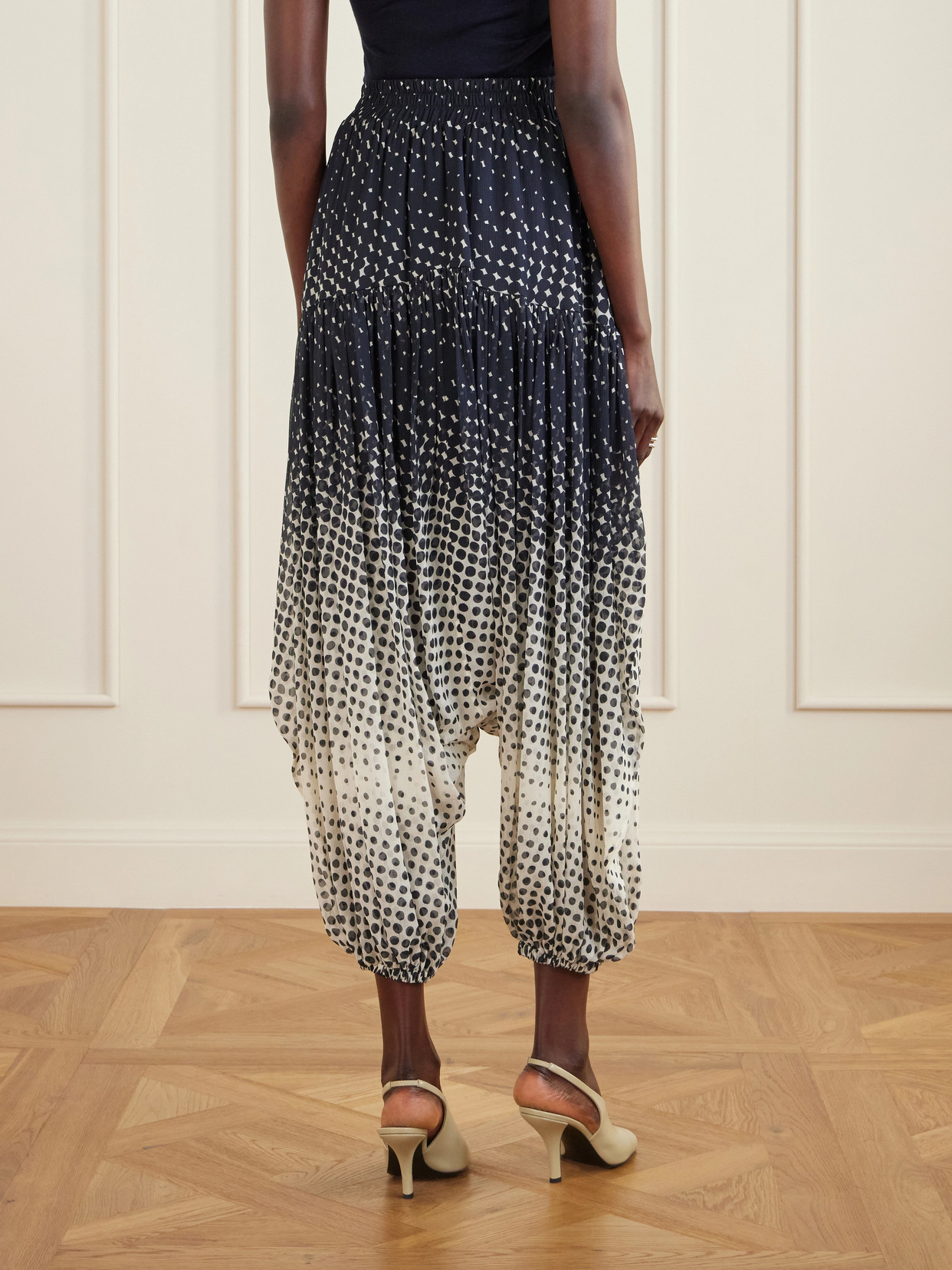 Halftone Polka-dot Chiffon Tapered Pants - Black