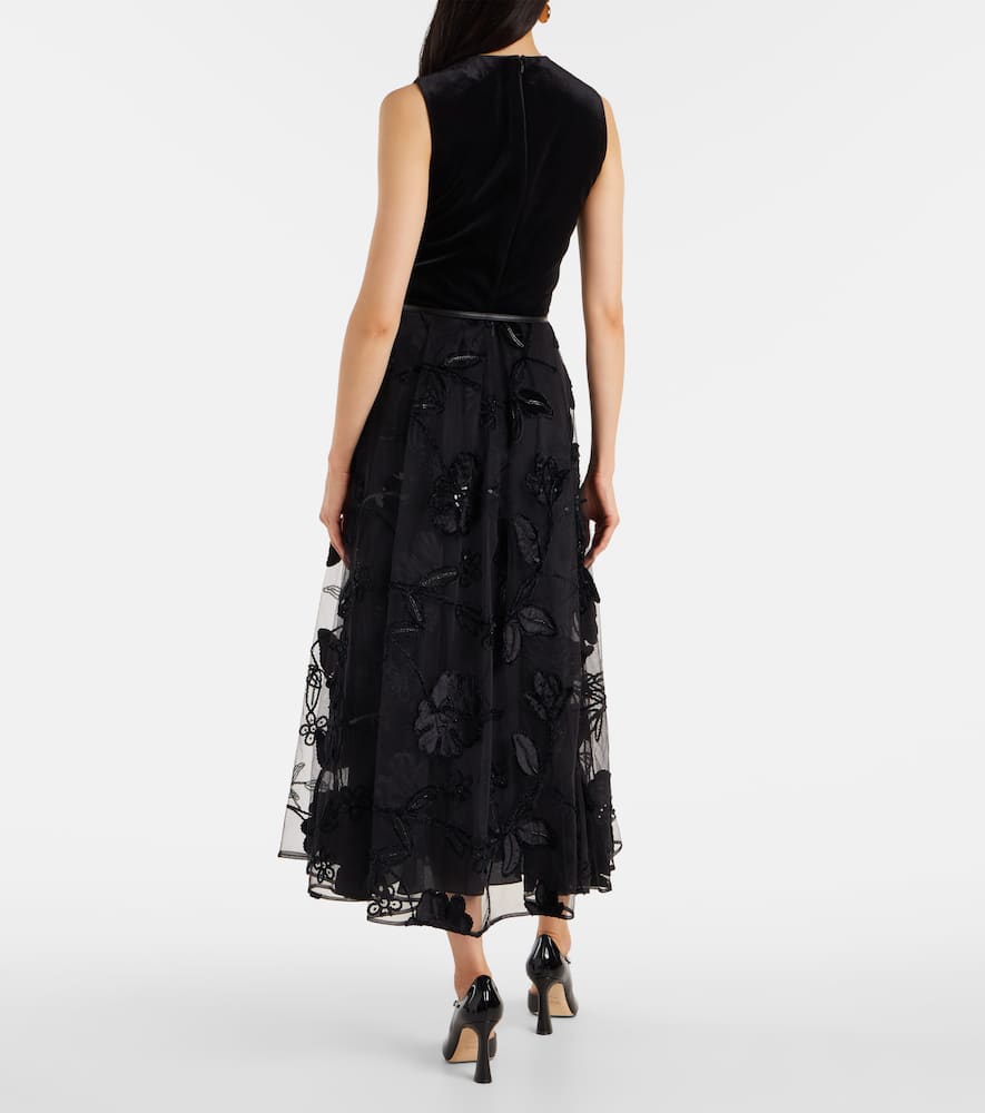 Embroidered tulle and velvet midi dress