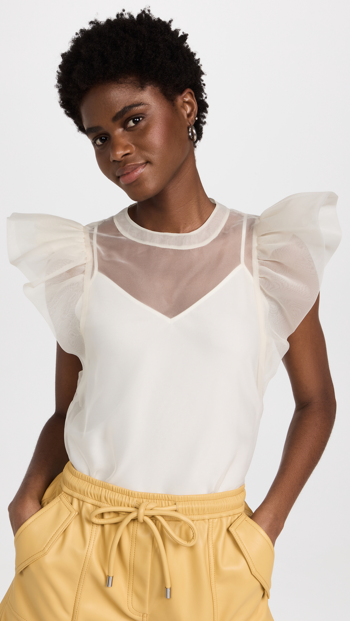Corina Organza Ruffle Sleeve Crew Neck Top