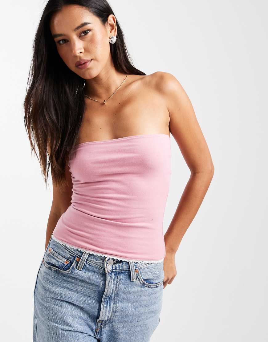 Lace trim tube top in pink-Purple