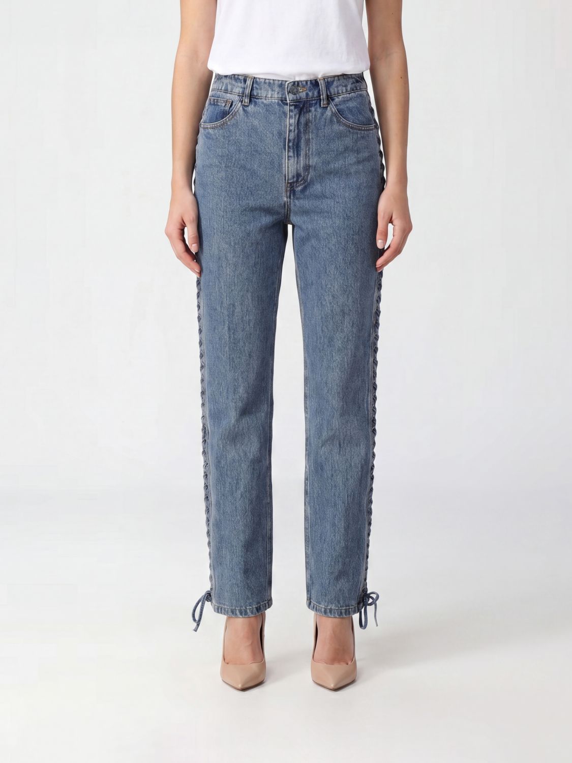 High-Waisted Straight Jeans in Denim with Woven Straps