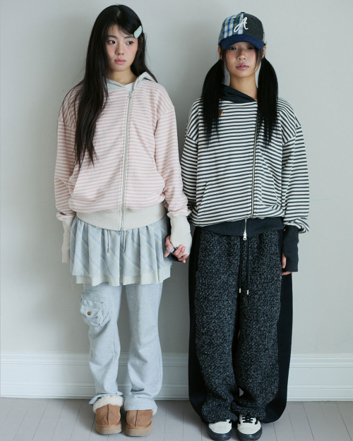 STRIPE UNBALANCED ZIPUP HOODIE