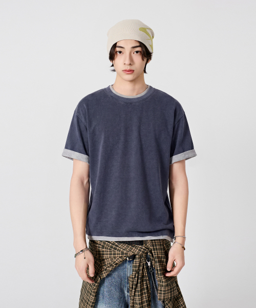 Color-blocked layered roll-up short-sleeve T-shirt_Pigment Navy