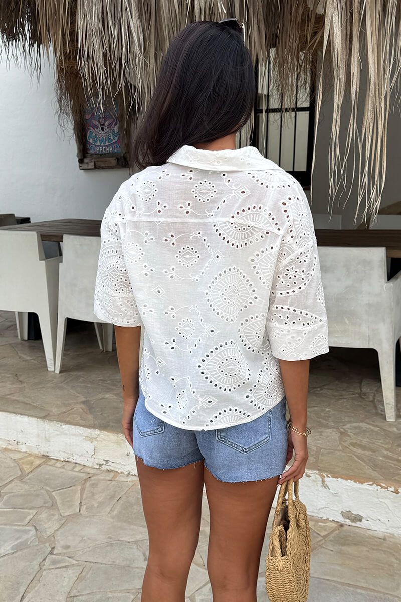AX Paris Women's White Broderie Short Sleeve Boxy Shirt