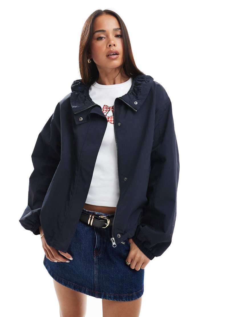 Nylon ruched funnel neck bomber jacket in navy