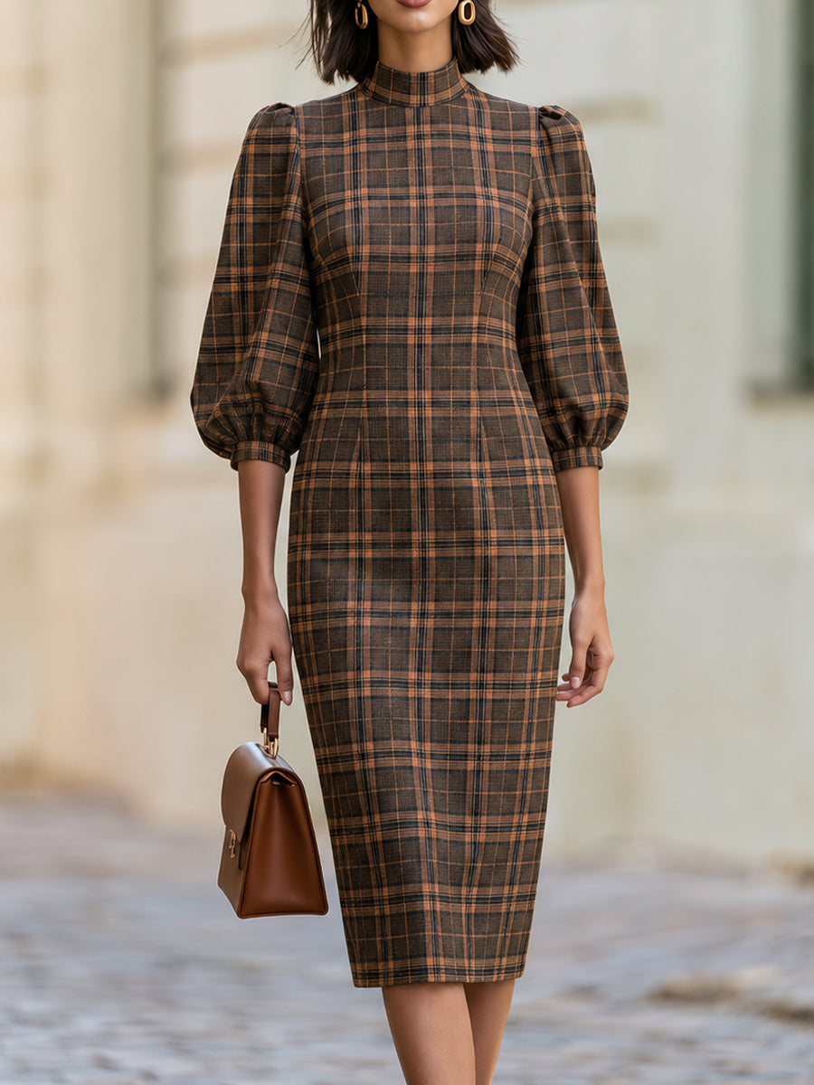 High Neck Puff Balloon Sleeve Brown Plaid Midi  Dress - Brown