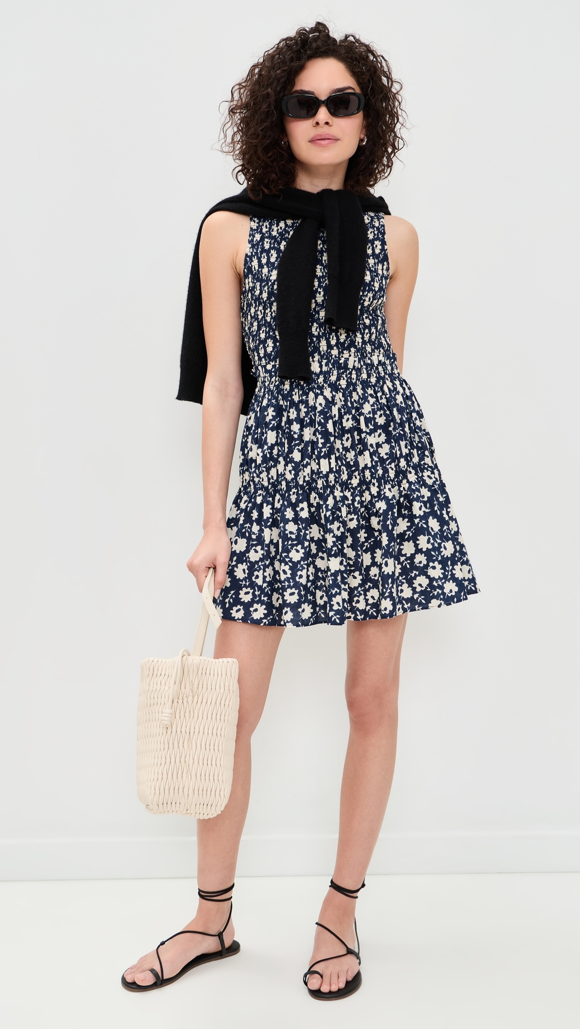Lore Smocked Mini Dress Navy Floral Stamp