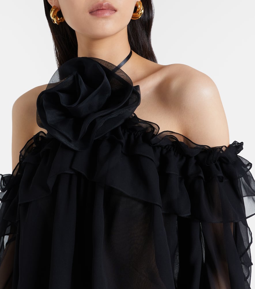 Floral-appliqué silk tulle top