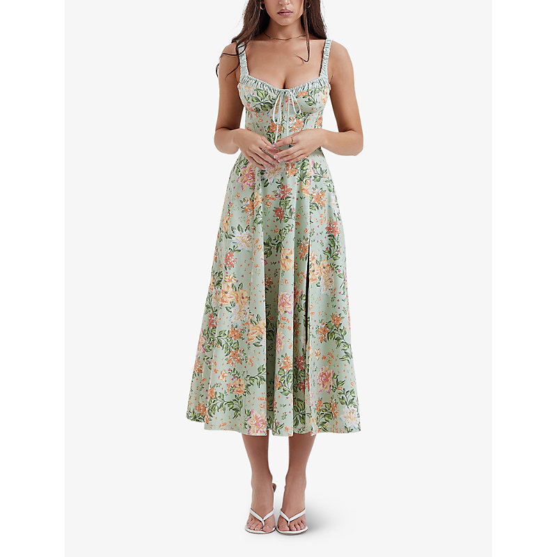 Womens Light Jade Sabrina Floral-print Cotton-blend Midi Dress L+