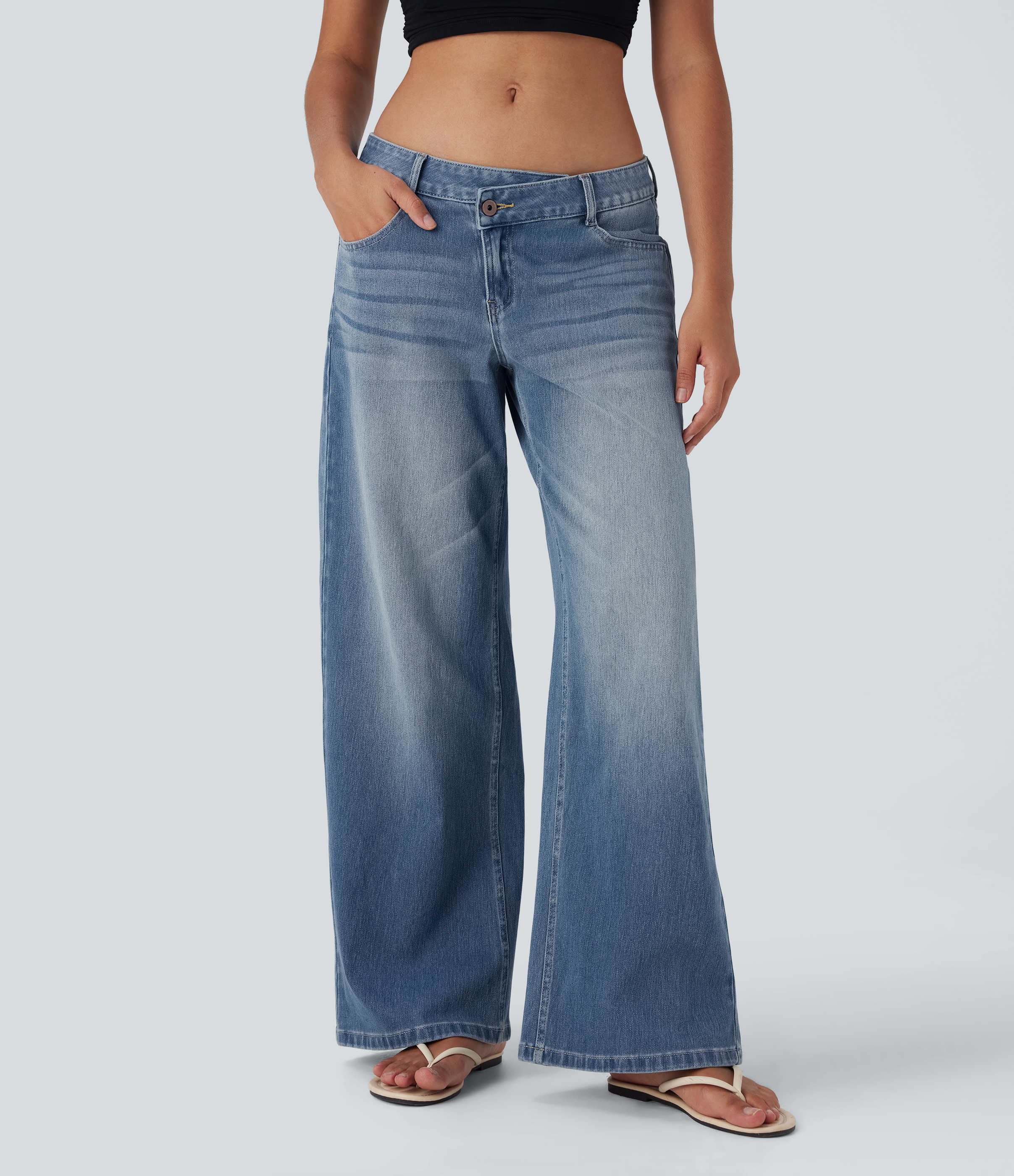 Flex™ Asymmetric Low Rise Zipper Pockets Baggy Wide Leg Washed Casual Jeans  - Blue Surf Denim