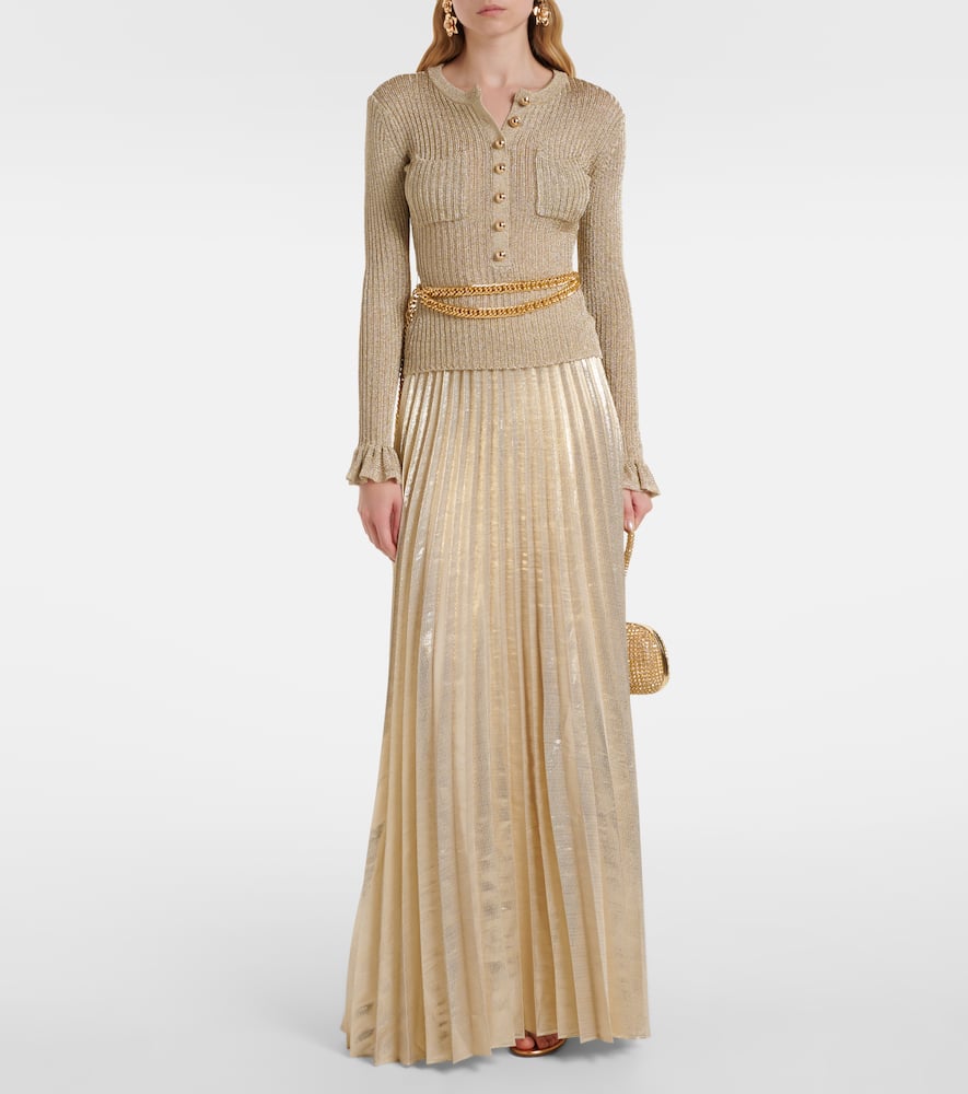 Ribbed-knit lamé plissé maxi dress