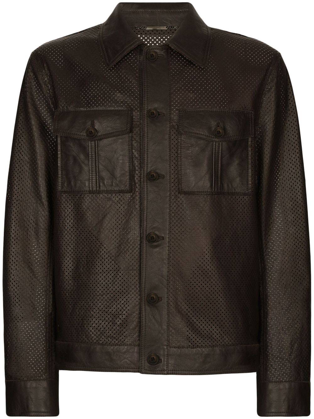 Perforated leather shirt jacket - Brown