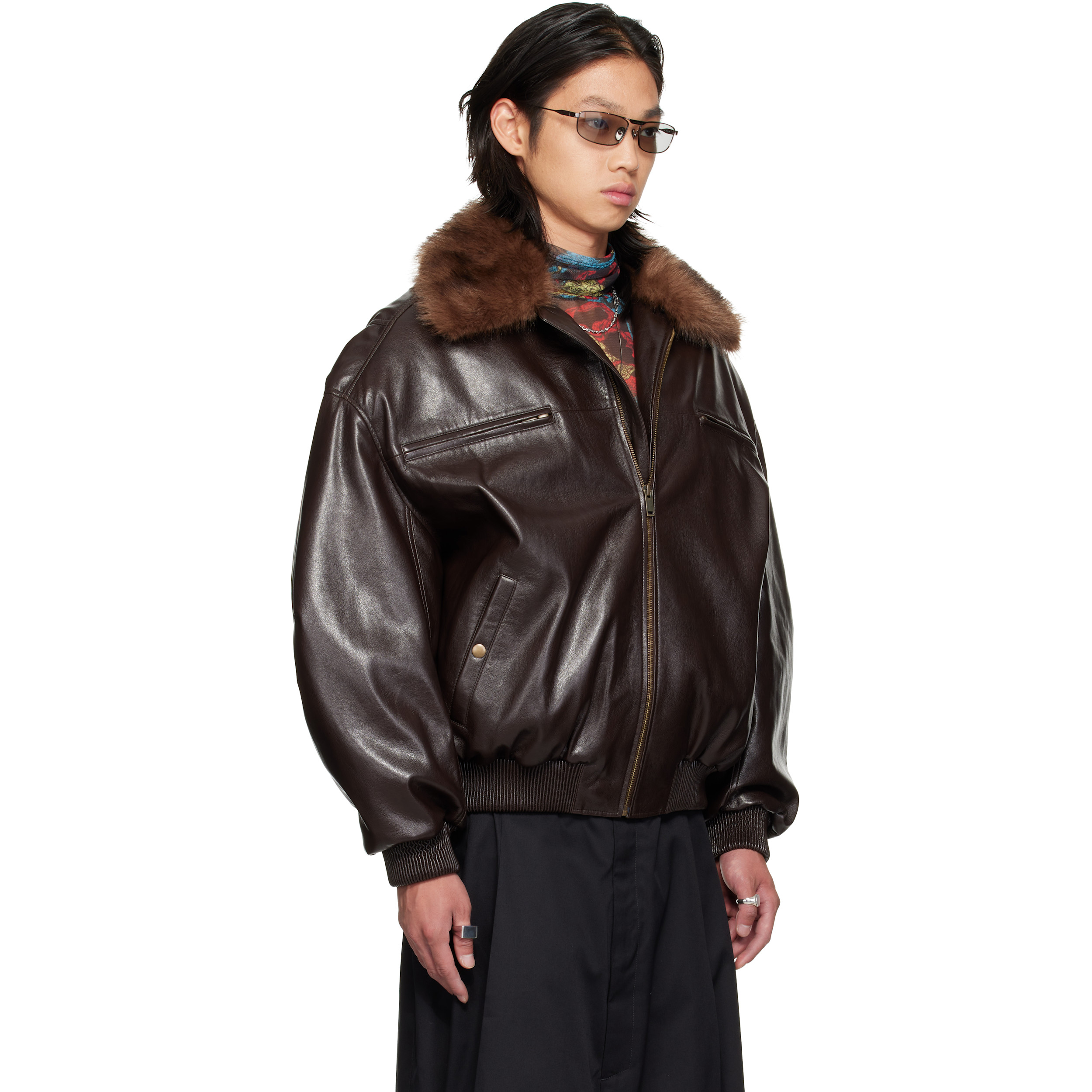 Brown Faux-Leather Cargo Flight Jacket