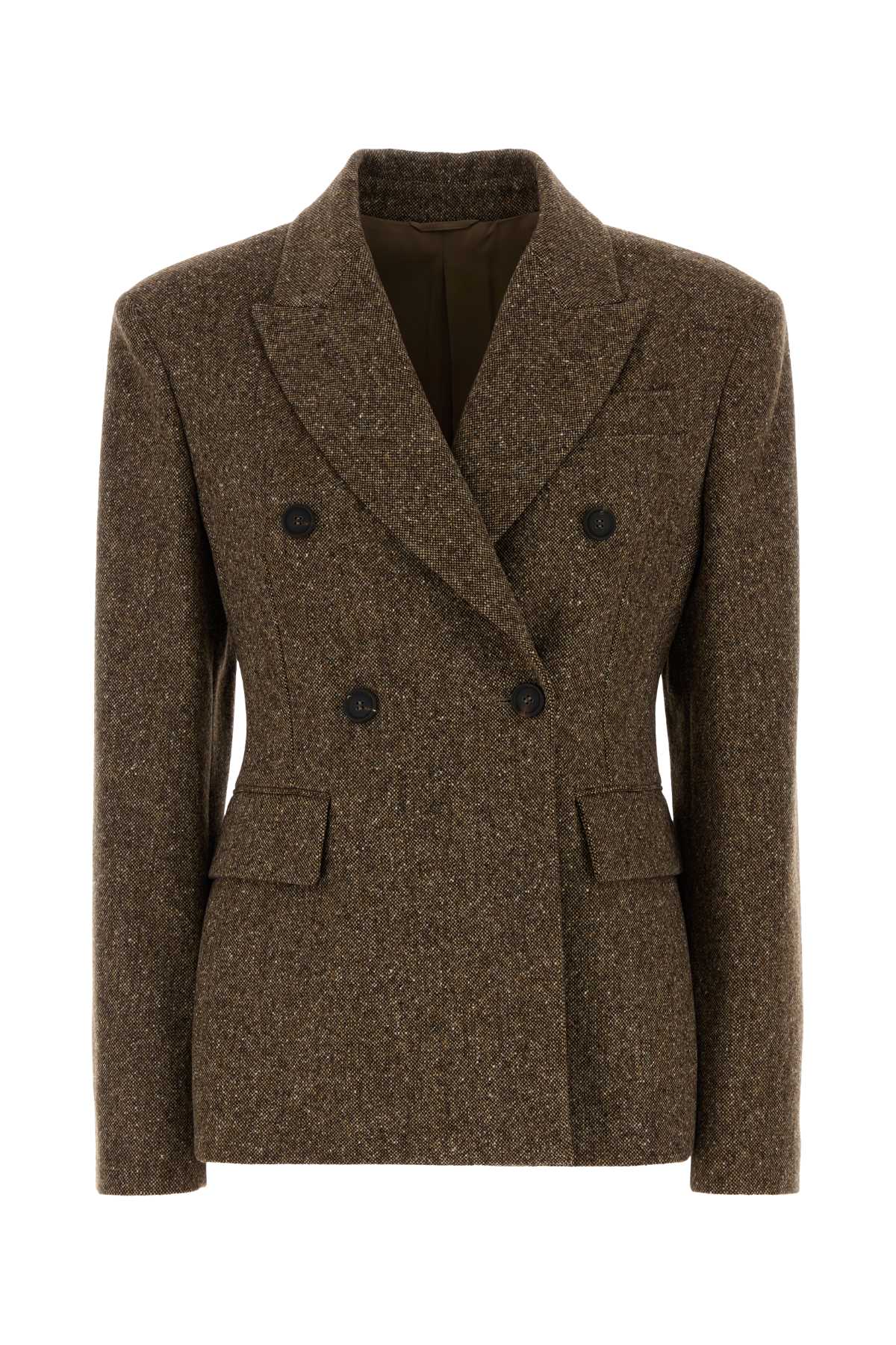 Wool and Nylon Double-Breasted Blazer — Brown