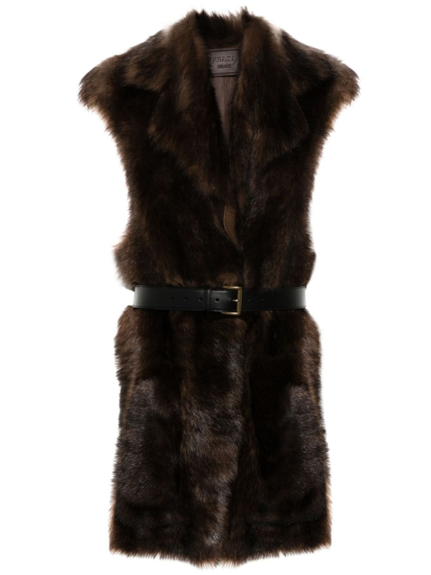 Brown Fur Sleeveless Trench Coat