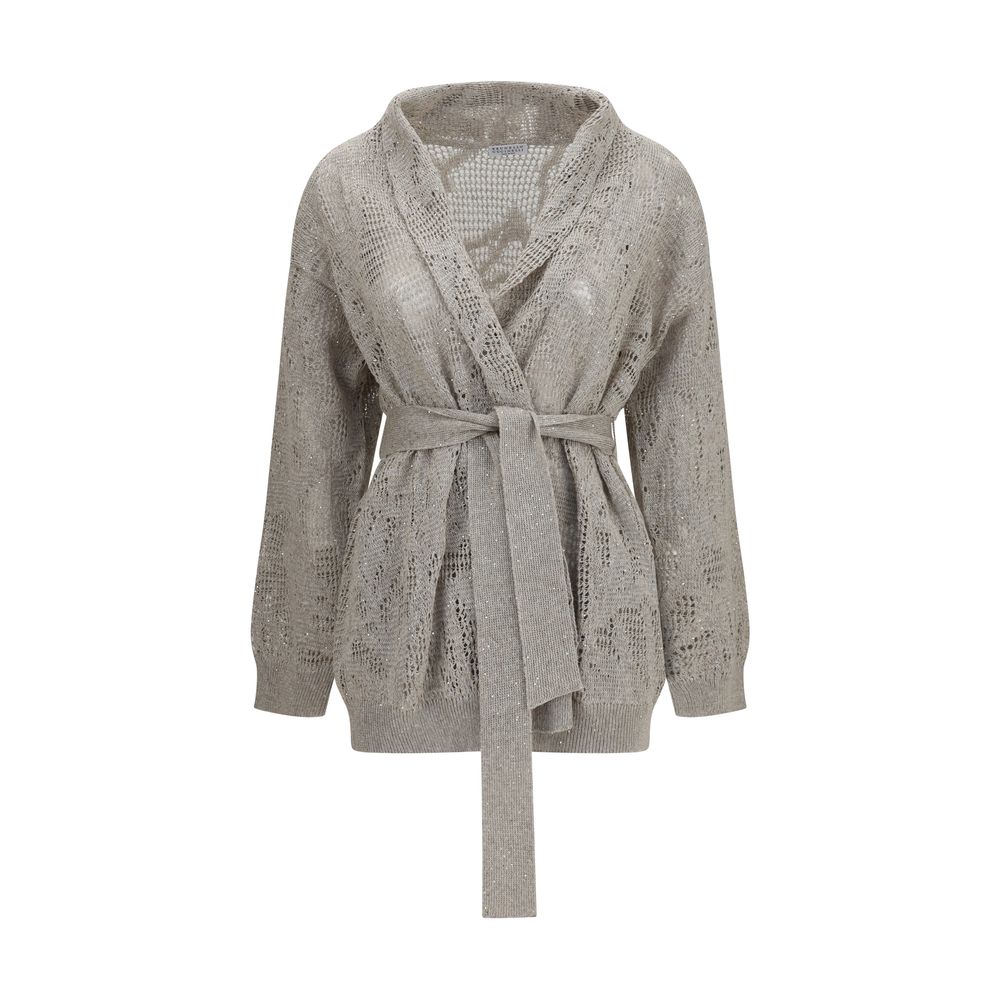 Sequin-Embroidered Linen Cardigan — Beige