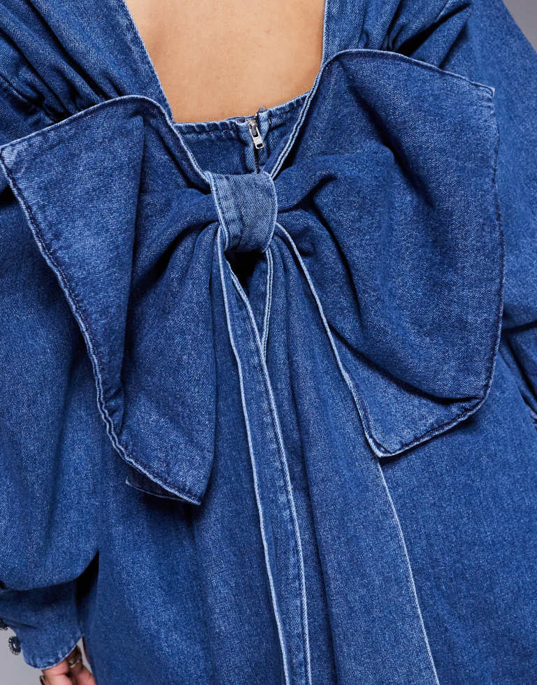 ASOS LUXE Womens denim long sleeve baby doll mini dress with bow back in blue - Sky Blue