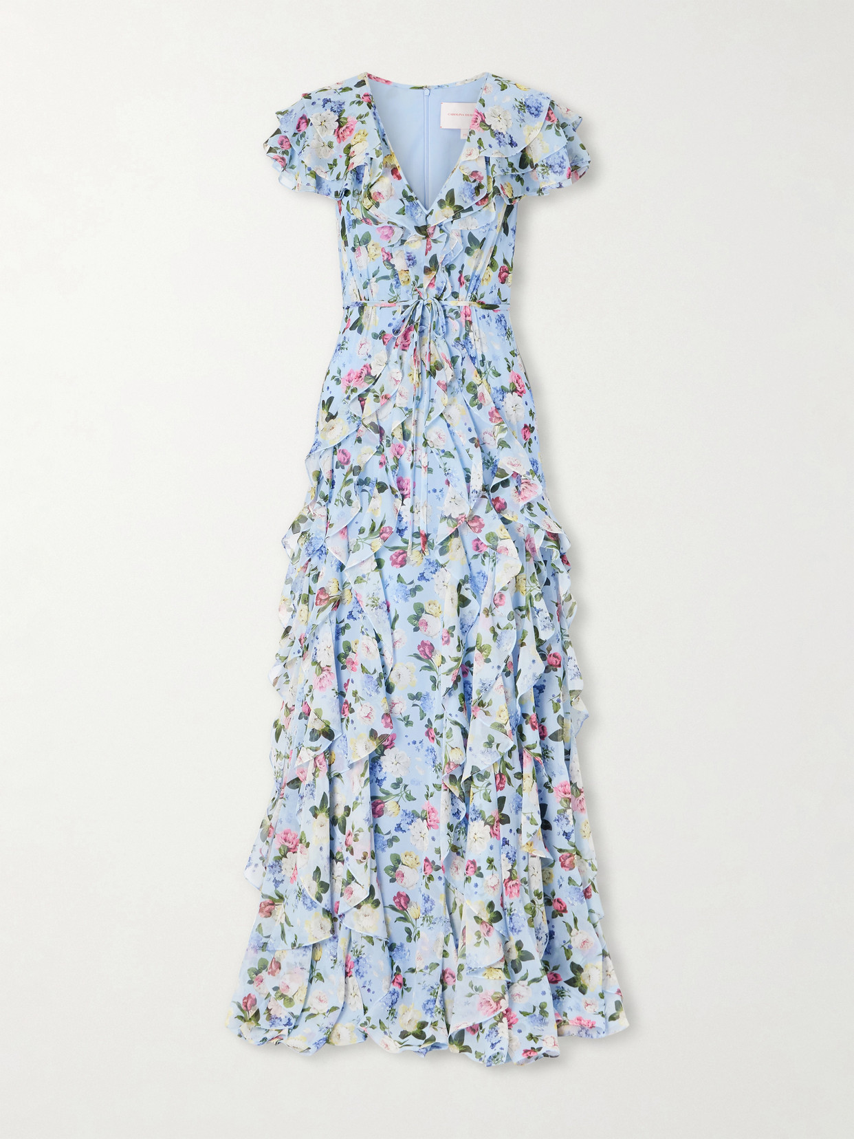 Ruffled Floral-printed Silk Chiffon Gown - Blue