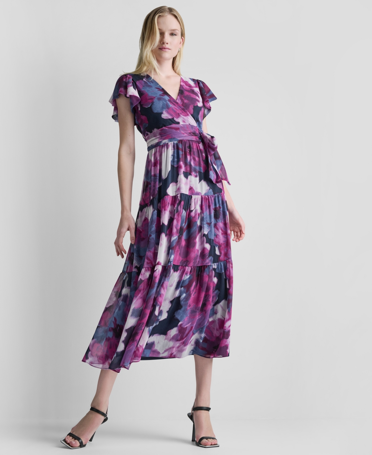Women's Ruffled V-Neck Tie-Waist Dress - Indigo/African Violet Multi