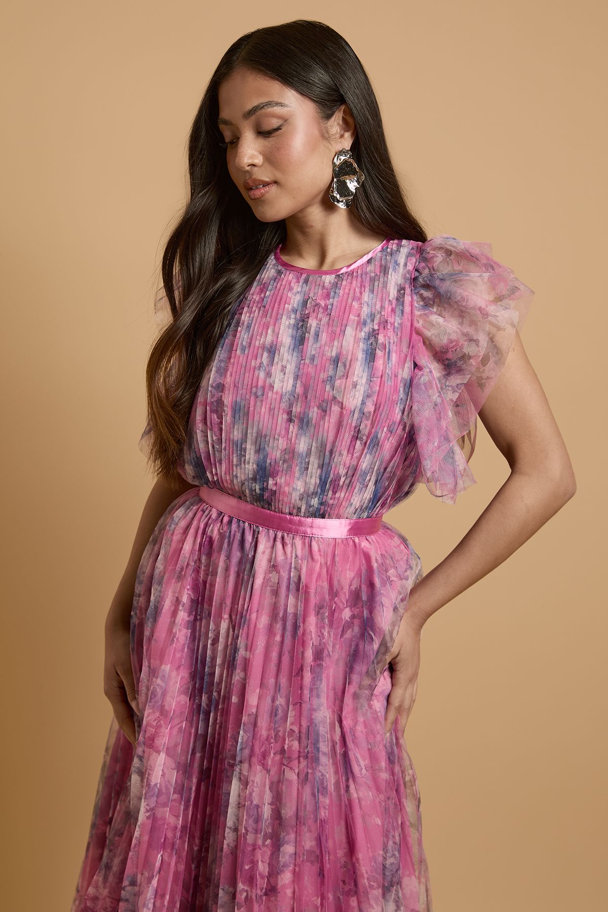 Oasis Womens Petite Printed Pleated Mesh Midi Dress With Flutter Sleeve - Pink