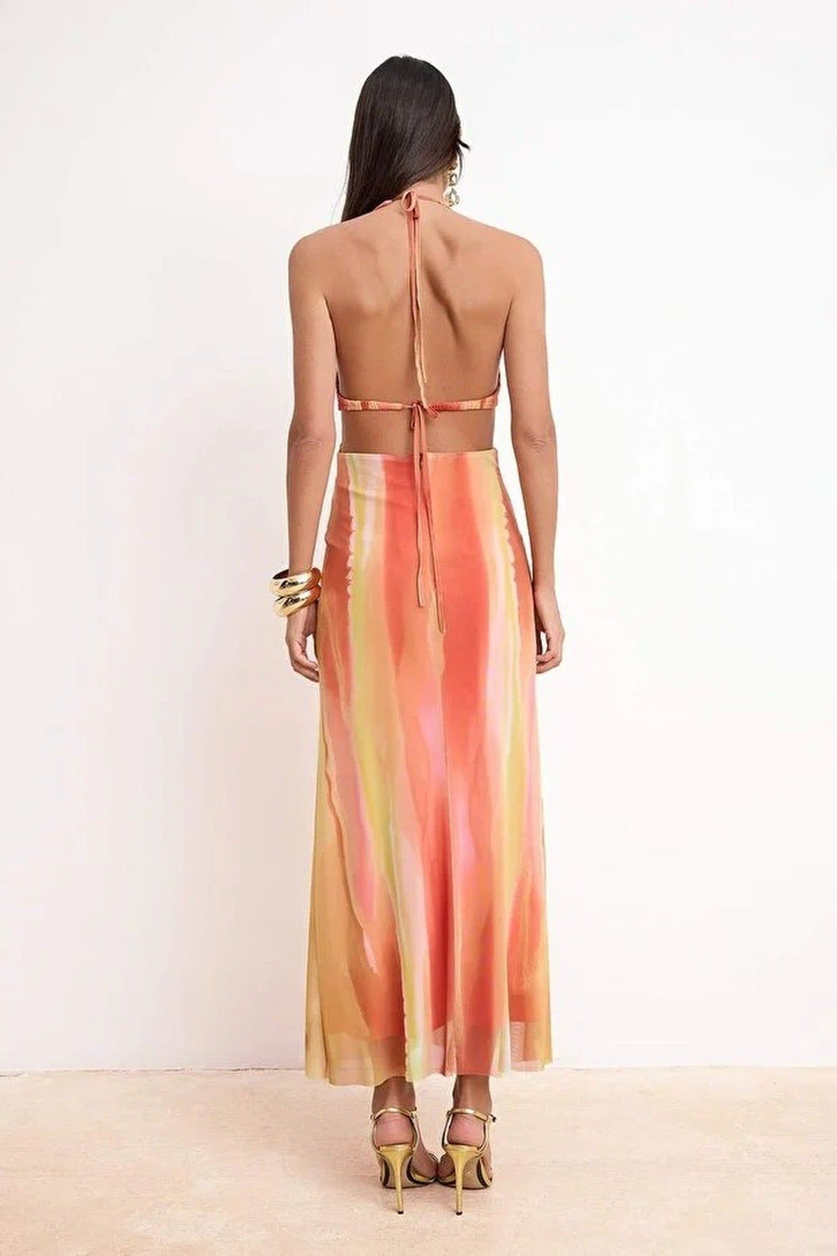 Wovcor Halterneck Sheer Tulle Maxi Evening Dress With Ombre Effect
